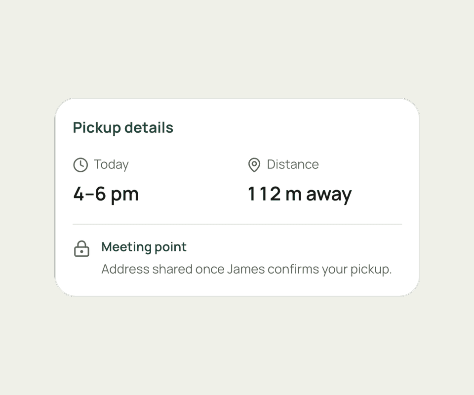 LastBite pickup details card: today 4–6 pm, 112 m away and a locked meeting point, with the address shared once James confirms.